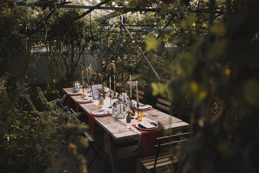 Table dressed for a micro wedding in Edinburgh secret herb garden. Styled by Edinburgh wedding stylist Gloam.