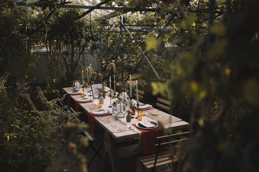 SecretGarden-130 Table dressed for a micro wedding in Edinburgh secret herb garden. Styled by Edinburgh wedding stylist Gloam.