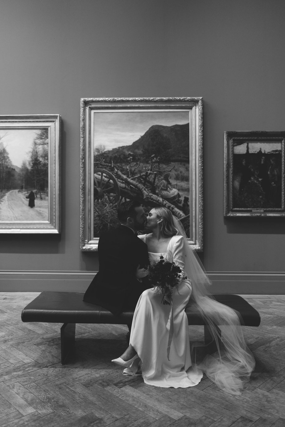 Cinematic indoor couple portraits at Manchester Art Gallery